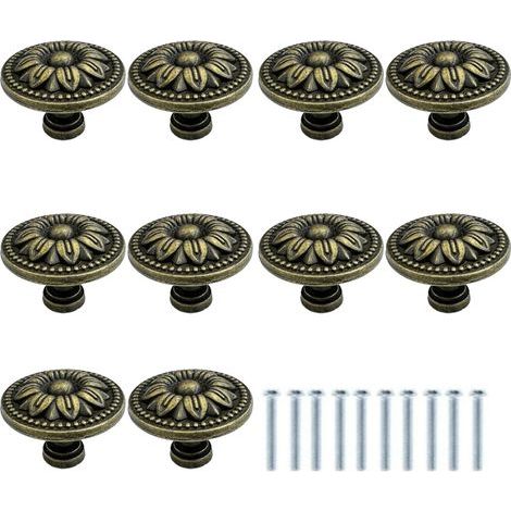 Set mit 10 runden Möbelknöpfen aus antiker Bronze mit Blumenmuster – 35 mm – Vintage – Für Küchenschubladen – Schubladengriffe aus Bronze (1/5)