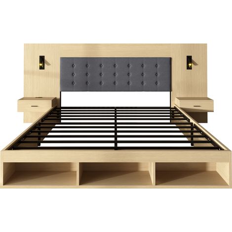 Cama doble 180x200 cm con almacenaje, MDF, roble claro, USB-C, lámparas de lectura, HOMVRA (1/5)