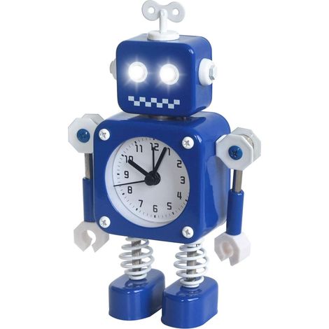 Réveil robot, réveil silencieux en métal inoxydable avec yeux lumineux clignotants et bras rotatif, cadeau pour enfants (bleu) (1/5)
