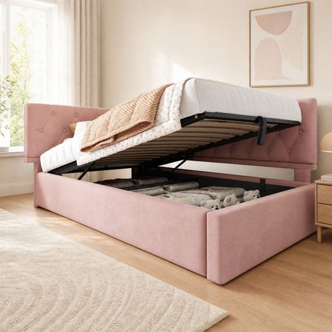 Letto contenitore singolo 90x200 cm, con sollevamento idraulico e rete a doghe, in velluto rosa, senza materasso (1/5)