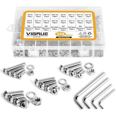 520PCS M3 M4 M5 M6 304 en Acier inoxydable Bouton à tête hexagonale Socket Tête Câble Boulons Vis avec écrous Assortiment (1/5)