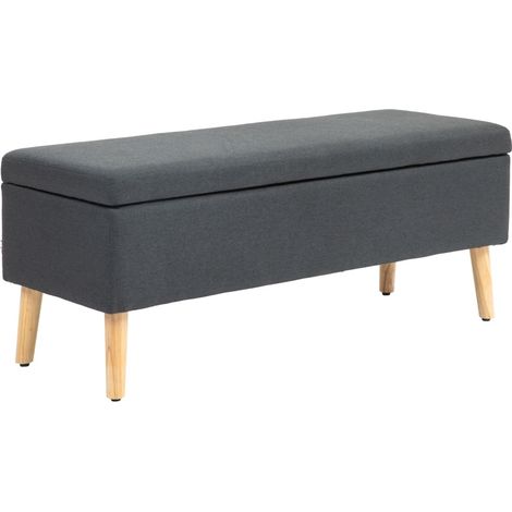 Banc de rangement en lin effet toile, structure bois caoutchouc, 110 x 39 x 45 cm, gris foncé (1/5)