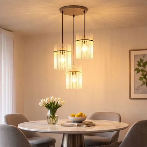 Hängelampe Höhenverstellbar Pendelleuchte Esszimmerlampe Glasstäbe, sandfarben, 3x E27 Fassung, DxH 47x140 cm (1/5)