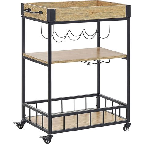 Carrello da cucina a 3 ripiani con portabottiglie legno chiaro e nero Hullet