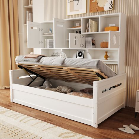 Lit coffre hydraulique 90 x 200 cm en bois blanc avec rangements, lit simple REDOM (1/5)
