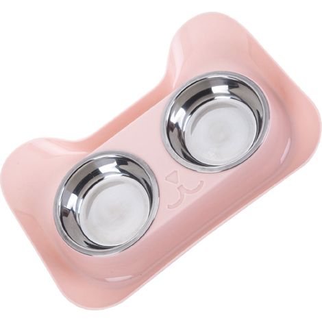 Gamelles pour chiens et chats en acier inoxydable, forme mignonne, étanches, intérieur lisse, faciles à nettoyer, double gamelle rose (1/4)
