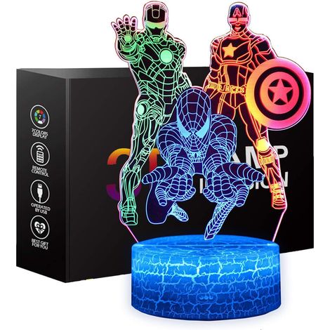 Spiderman Night Light for Kids, 3D Illusion, Touch Control, Dynamic Colors, 3 Pattern Changing, Kids Toys Captain America Iron Man Gifts for Men Boys