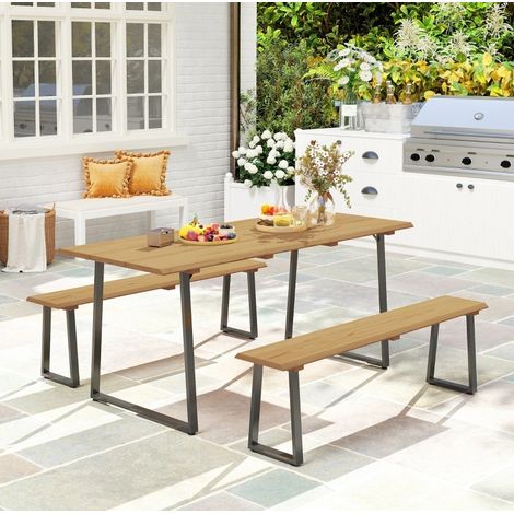 Gartentisch mit 2 Bänken, 3-teiliges Set für 6 Personen, Naturholz HAVRYA (1/5)