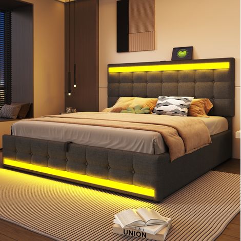 Letto a cassone adulti 180x200 cm con porta USB, illuminazione LED con telecomando e rivestimento in lino, grigio, senza materasso (1/5)