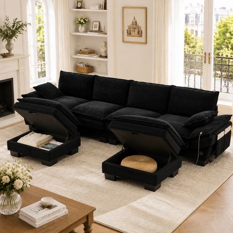 Canapé modulable 4 places en velours côtelé avec 2 poufs – assise large, ergonomique, mousse haute densité, USB-C, poches latérales – salon, bureau, détente – Noir (1/4)