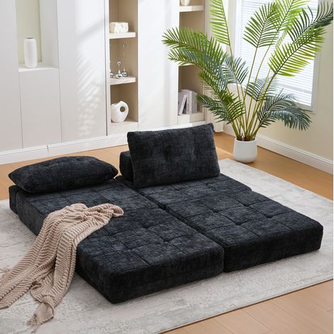Sofá cama plegable (79x79x57 cm), convertible en cama, cojines para cabeza y zona lumbar, espuma de alta densidad, chenilla negra (1/5)