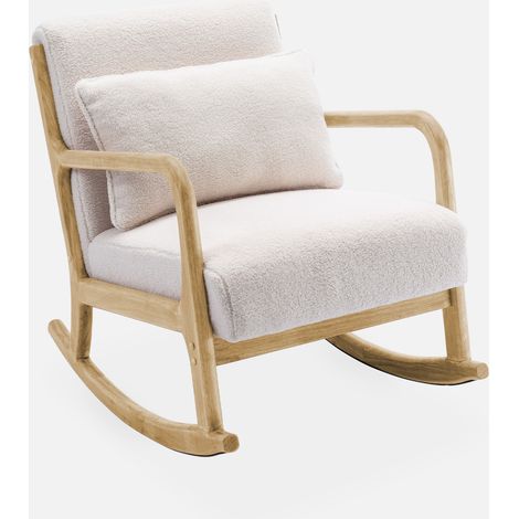 Poltrona scandinava a dondolo in legno e tessuto bouclé (1/5)