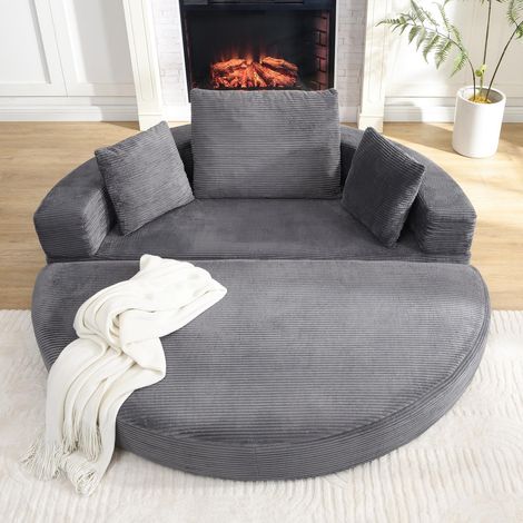 Canapé 2 Places velours côtelé Gris – Canapé-lit modulable Format ovale, livré avec coussins, pour appartement – salon ou chambre