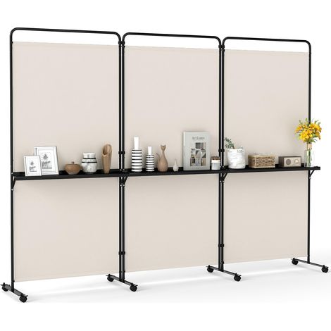 COSTWAY Paravent Interieur 3 Panneaux 259x188cm, 3 Étagères en Métal, Blanc (1/5)