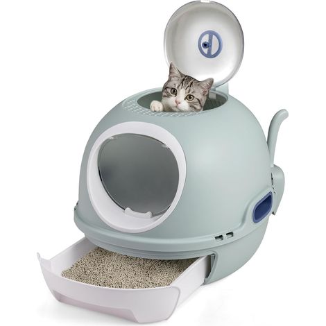 COSTWAY Lettiera per Gatti Chiusa a Elicottero, Coperchio Ribaltabile, per Gatti fino 10kg,Blu (1/5)