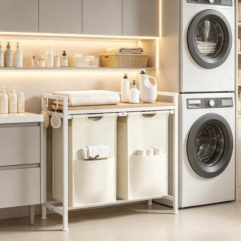 Cesta para la ropa multifunción con 2 cestos extraíbles, madera y metal, blanco OKMYHOME (1/5)