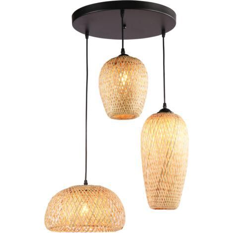 Barcelona Led – Suspension triple en osier 'Trisa' – 3 abat-jour E27 – Tressage artisanal pour ambiance bohème – 220-240V AC – Dimensions 500x1200mm - 3xE27 (1/5)