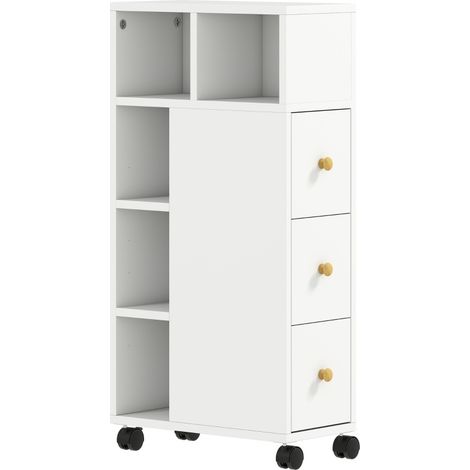 Schmaler weißer Badezimmerschrank mit 3 Schubladen, 5 offenen Fächern und Rollen (1/3)