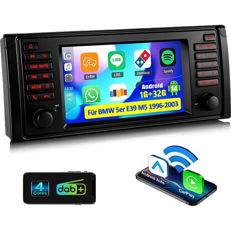 Autoradio 7" Android 14 avec Apple CarPlay, 4+64 Go de RAM, navigation GPS RDS, Wi-Fi et Bluetooth pour BMW Série 5 E39 M5 - 1+32G
