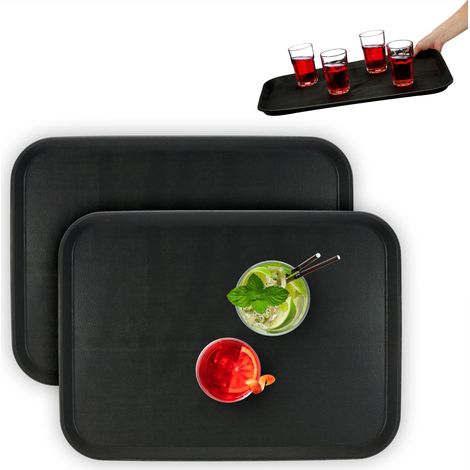 Relaxdays Vassoio Antiscivolo, Set da 2, 56 x 41 cm, da Portata, per Servizio Ristorante, Bar, Cucina e Casa, Nero