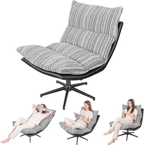 FLASIDU Fauteuil à bascule pivotant,fauteuil inclinable confortable, dossier réglable sur trois positions, rotation à 360° , Hauteur réglable,103×66×89cm, blanc grisâtre