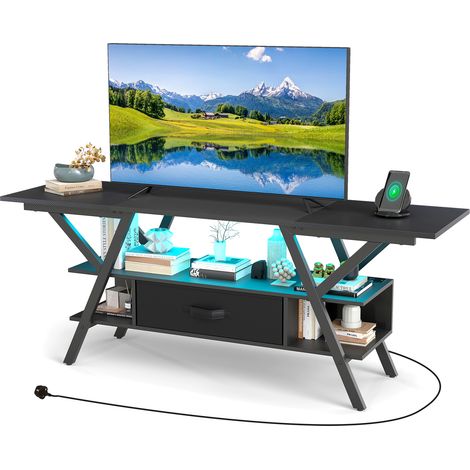 COSTWAY TV Stand for 65” TVs 3-Tier Entertainment Center with LED Lights-Black (1/5)