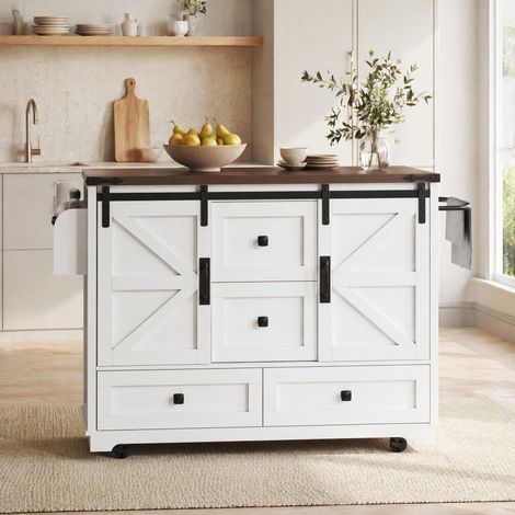 Carro de cocina 142,5/73/92,5 cm blanco con encimera abatible y almacenaje (1/5)