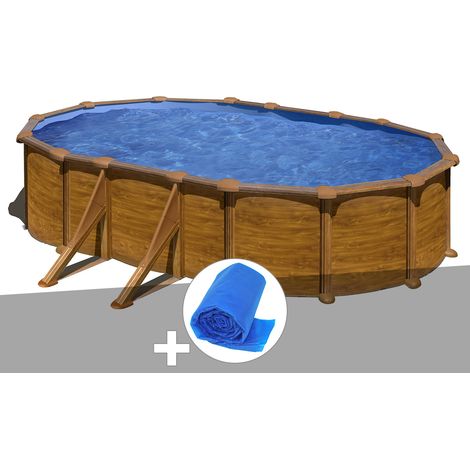 Kit piscine acier aspect bois Gré Mauritius ovale 6,34 x 3,99 x 1,32 m + Bâche à bulles