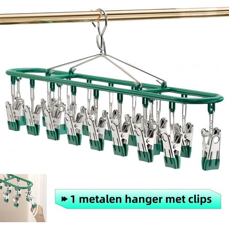 - Cintre en métal avec pinces - 20 pinces - acier inoxydable - idéal pour sécher les chaussettes et les vêtements d'enfants - vert (1/5)