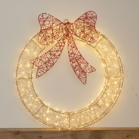70cm Light Up Christmas Wreath with 750 Warm White LEDs, Timer & Red Bow (1/5)