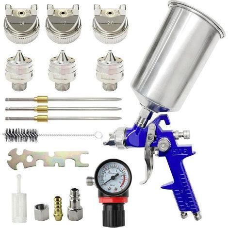 Pistolet à peinture 1000cc 3 Buses 1.4mm 1.7mm 2.0mm, Pistolet à Pulvérisation à Alimentation par Gravité avec régulateur d'air (Bleu) (1/5)