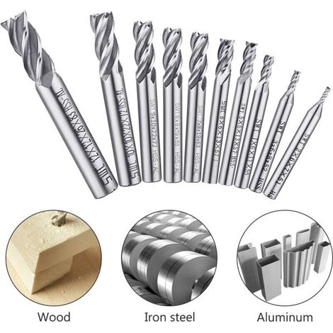 Set mit 10 4-schneidigen Bohrern - 0,2-1,2 cm HSS-Zirkularschaft für CNC-Bohrmaschinen, kompatibel mit Holz, Aluminium, Stahl und Titan. (1/3)
