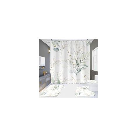 Rideau de douche à motif d'eucalyptus vert sauge, rideau de douche à motif de feuilles printanières, en matière imperméable, rideau de douche aquarelle vert et or avec crochets, 180 x 180 cm