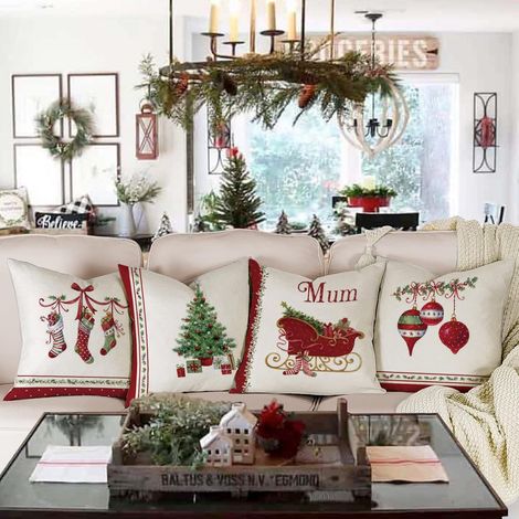 Lot de 4 - Housse Coussin Noël Deco Coton Et Lin Décoratif Taie d'Oreiller 45 X 45 cm Pour Chambre - Lit Decoration (1/5)