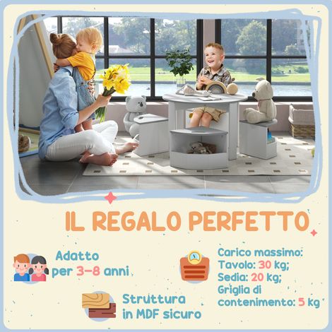 Lot de 4 tabourets et table enfant en bois gris, rangement intégré, gain de place. (1/5)