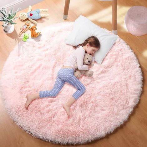 Tapis Rond Chambre 140cm - Anti Slip Doux Moelleux - Rose rose rose (1/4)