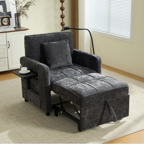 Sillón cama 167x79x83 cm gris oscuro en chenilla con respaldo reclinable, almacenaje y mesa lateral (1/5)