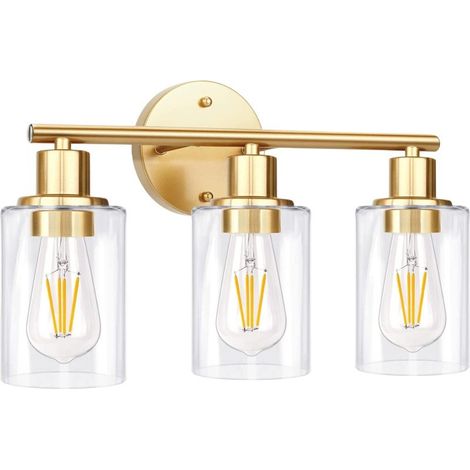 Aplique de pared moderno de tres luces en color dorado con pantalla de cristal transparente, ideal para baños y salas de estar. Bombilla E27 incluida (1/5)