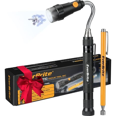 EverBrite Jeu d’Outil de Ramassage Magnetique avec Lampe et Ramssage Aimanté Télescopable, Portée Télescopique 17 à 57cm et 14 à 65cm, Idéal pour les Coins, 4 Piles Incluses (1/5)