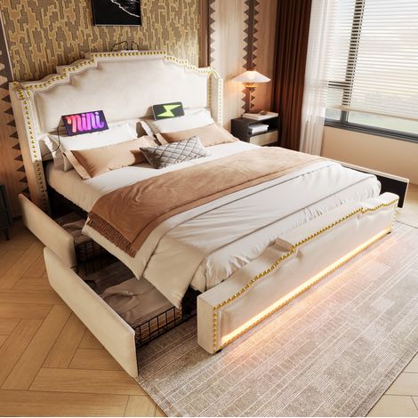 FLORAGRACE Lit adulte 140x200 en velours beige avec 4 tiroirs, LED d'ambiance, ports USB-C et Type-C (1/5)