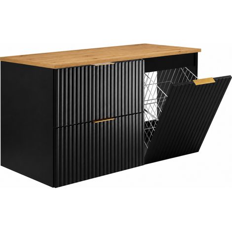 Set di mobili da bagno con cesto portabiancheria e piano, maniglie dorate, nero/rovere craft, 100 x 46 x 57 cm (1/4)
