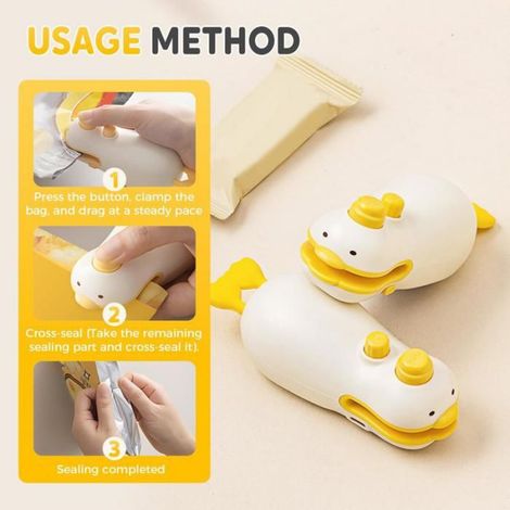 Lot de 2 mini scelleuses de sacs 3 en 1 en forme de canard, rechargeables par USB, avec aimant et boucle de suspension. Un (1/5)