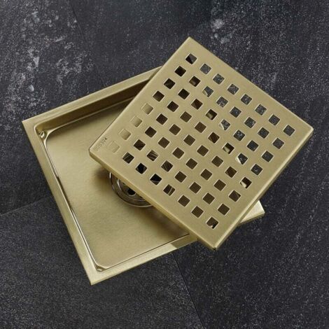 Forehill – 15x15cm quadratischer Duschablauf aus Edelstahl – Duschablauf mit geruchsneutralisierendem Messingkern – Gebürstetes Gold für Badezimmer (1/2)