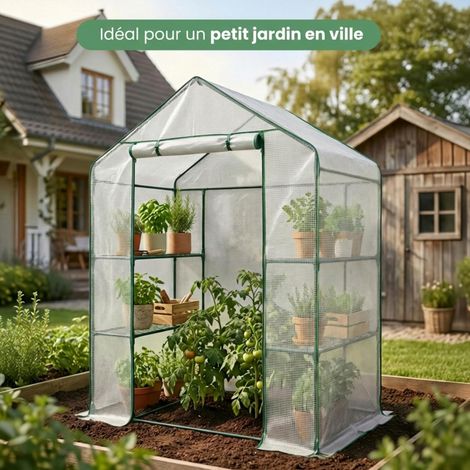 Mini serre de jardin maisonnette avec structure en métal et bâche en PE avec étagères 1 porte Blanche 143x73x195 cm (1/5)