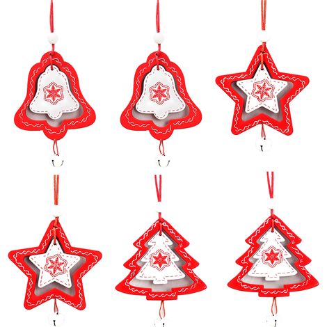 Lot de 6 Décorations de Noël en Bois, Motifs Étoiles Cloches Sapin, Suspendre Intérieur (1/5)