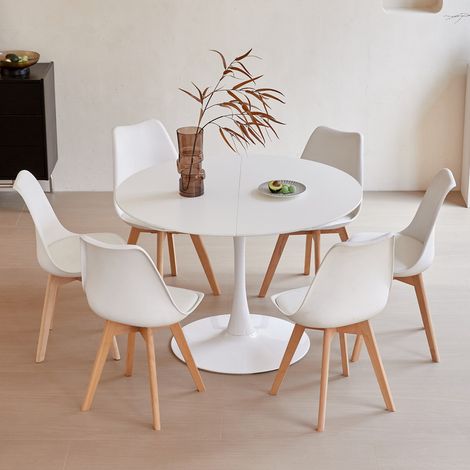 Wokaka Mesa de Comedor Redonda Moderna - 4 a 6 Personas - Escandinava - MDF - 110 cm - Blanco