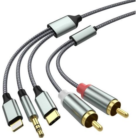 Adaptateur audio auxiliaire Lightning vers RCA, câble RCA vers 3,5 mm, câble audio USB-C vers 2 RCA, câble audio 3 en 1 pour voiture, home cinéma, enceintes et plus encore, 1,3 m (1/5)