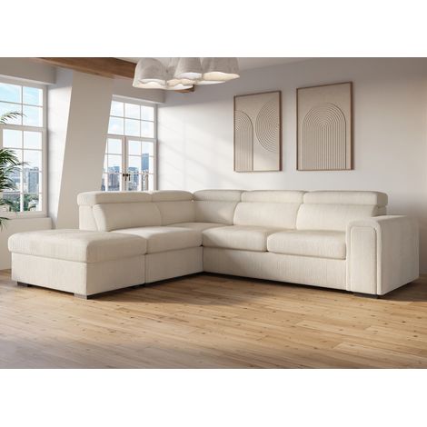Deco In Paris – Canapé d'angle convertible 5 places en velours côtelé épais beige – Fonction lit confortable – Pouf coffre de rangement intégré (1/5)