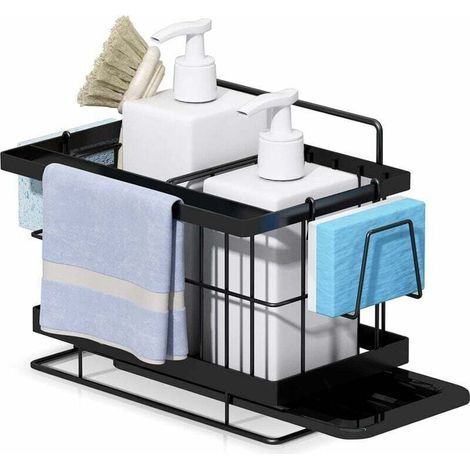 Organisateur Evier Cuisine, Rangement Mural pour Eponge, Brosse, Liquide Vaisselle, Porte Eponge Mural en Acier Inoxydable Noir-20X16X14 cm - RWOrganisateur évier (1/5)