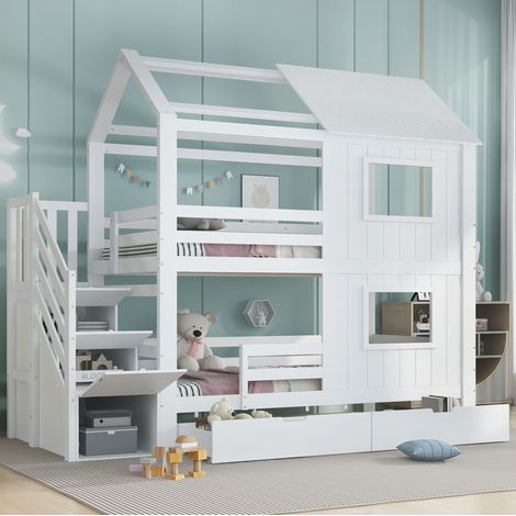 DESVIAE Lit superposé enfant avec escalier rangement étagères tiroir sur roulettes toit et fenêtres sommier à lattes stable 90 x 200 cm blanc bois massif MDF (1/4)